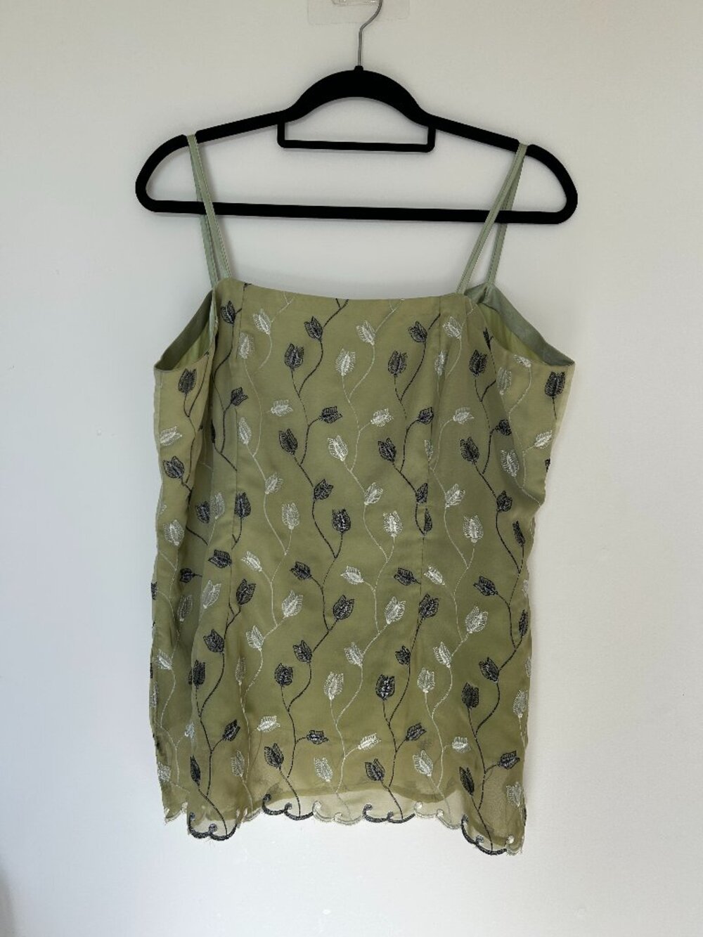 Vintage 90s Sage Green Embroidered Tulip Mesh Cami Top Size 12